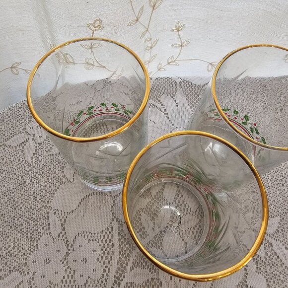 3 Arbys Christmas Holly Berry Ice Tea Glasses 5-1/4" gold rim green red 1980s - Picture 9 of 9